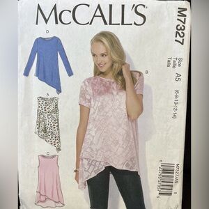 McCalls Pattern M7327 
Shaped Hemline Pullover Top 
Sizes 6-14 
Uncut NOS
